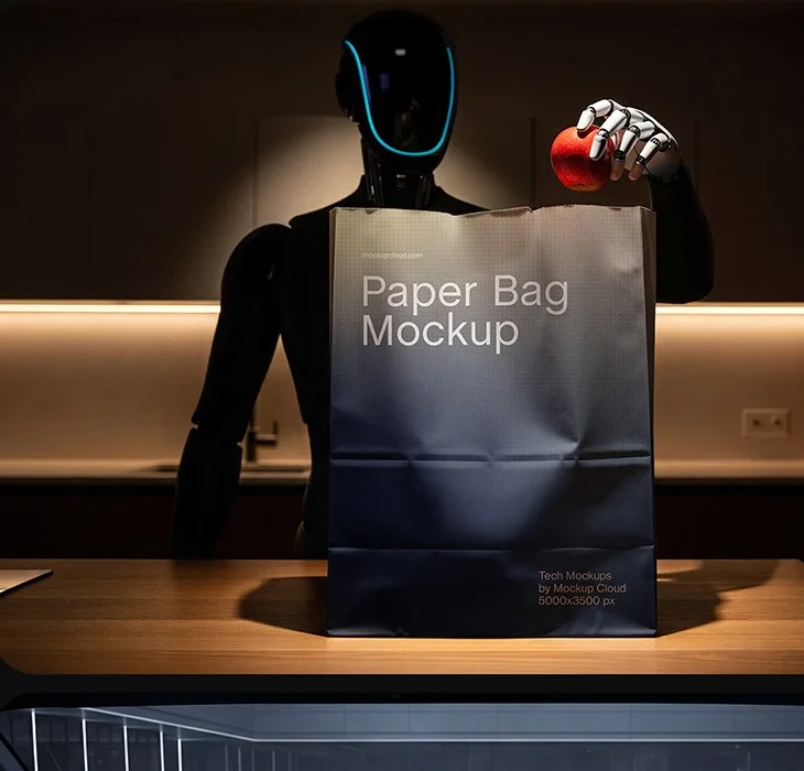 Mockup de bolsa oscura sobre una figura con detalles azules
