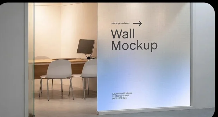 Mockup de superficie gráfica translúcida azul en un interior