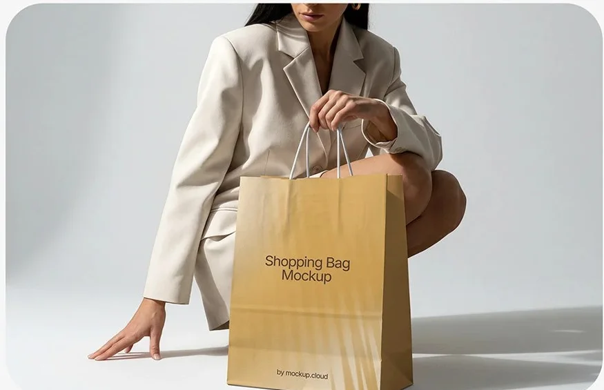 Mockup de bolsa de papel dorada sostenida por una persona
